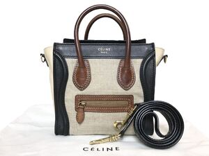 (D) CELINE セリーヌ ラゲージ ナノ ショッパー レザー キャンバス コンビ 2way ショルダーバッグ