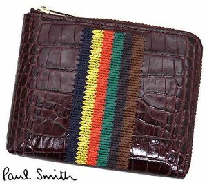 ★新品★Paul Smith(ポールスミス)/イタリア製/L字ファスナー財布/本革レザー/小銭入れ/クロコ風/マルチストライプ/ワイン