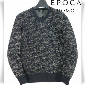 新品1円～★定価3.6万 エポカ ウォモ EPOCA UOMO メンズ 日本製 ウール毛 長袖 カモフラジャカードニット 46 M ネイビー 紺 本物◆8726◆