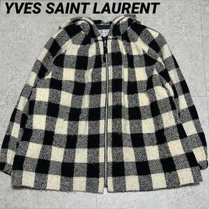 YVES SAINT LAURENT ウールチェック フードブルゾン