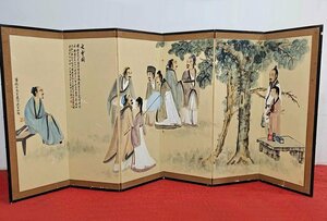 【安】中国近代画家「傅抱石書」紙本「人物図屏風」巻き物 中国画 墨寶妙品 中国書道 古美味 古美術 525