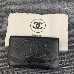 2873 CHANEL シャネル ココマーク 長財布 キャビアスキン ブラック系 ウォレット ブラック 二つ折り レザー