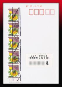 K54百円〜　分室印/多数貼り｜虫10円コイル5連/私製葉書　新ローラー印：山口/中央・市/役所内/10/9.14　エンタイア