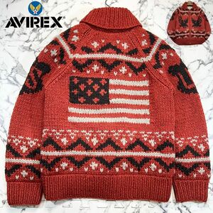 美品/星条旗 (M) ●AVIREX アヴィレックス カウチン セーター ニット 極厚 ジップアップ 鳥 極厚 国旗 ウール カーディガン 赤 レッド 総柄