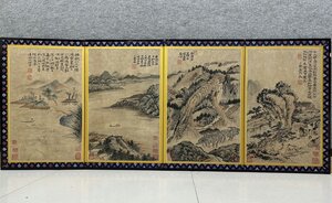 ▼渡鶴羽▼P061中国古書画 石涛 山水屏風 中国水墨画屏風 中国美術 手書き 肉筆逸品 肉筆保証品