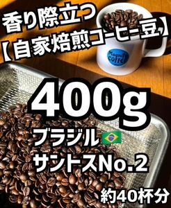 【匿名配送】自家焙煎コーヒー豆【大容量】ブラジルサントス　珈琲豆　400g 約40杯分　(豆or粉)