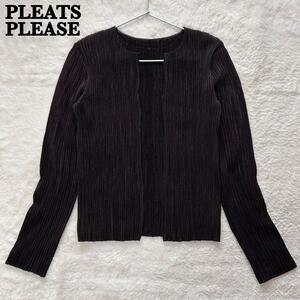 【サンプル品　美品】PLEATS PLEASE　プリーツプリーズ　プリーツカーディガン　羽織り　長袖　ブラウン　茶色　Mサイズ相当　入手困難品