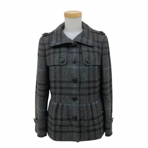 m548-87 良品 BURBERRY LONDON バーバリー ロンドン 絹混 チェック 柄 ジャケット ショートコート 上着 アウター グレー レディース 40