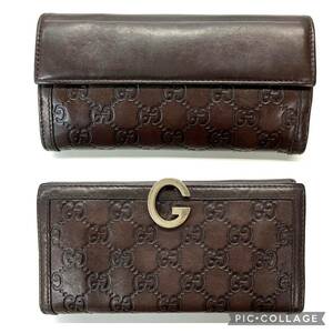 中古 グッチ GUCCI 本革 グッチシマ レザー GGクリップ 212113 二つ折り長財布 札入れ ビジネス 茶 ダークブラウン レディース メンズ