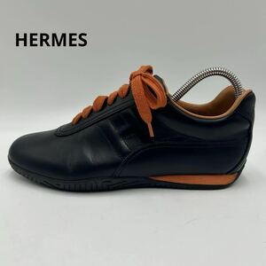 1円 【美品】 HERMES エルメス Hロゴ ローカット スニーカー シューズ 靴 レースアップ クイック Hロゴ レザー ブラック 黒 23.5cm相当