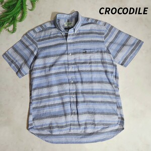 CROCODILE マルチボーダー半袖BDシャツ M 青グレー白 83275