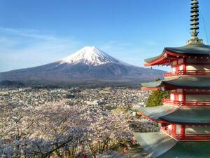 世界遺産 富士山と桜と五重塔 写真 A4又は2L版 額付き