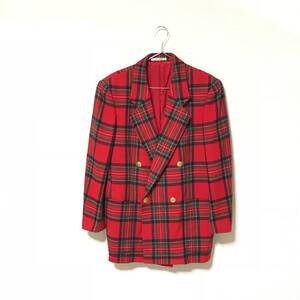 美品★ Aquascutum アクアスキュータム★メンズ ウール ダブル ジャケット 赤 レッド チェック柄 size 9 金ボタン