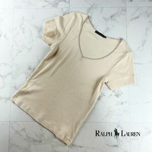 Ralph Lauren ラルフローレン VネックボーダーTシャツ 半袖カットソー 刺繍 トップス レディース ベージュ サイズXL*MC1075
