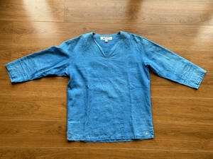 GDC インディゴ キーネックTシャツ 七部袖 綿麻素材
