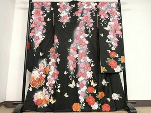 平和屋-こころ店■豪華振袖　刺繍　花蝶文　暈し染め　黒地　金彩　銀通し地　正絹　逸品　AAAJ0168Bzg