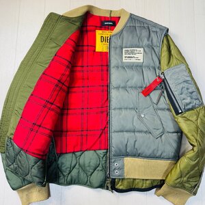 美品/L-XL相当★ディーゼル/DIESEL クレイジーパターン ボンバージャケット ブルゾン MA-1 異素材切替 パッチワーク 中綿 メンズ カーキ