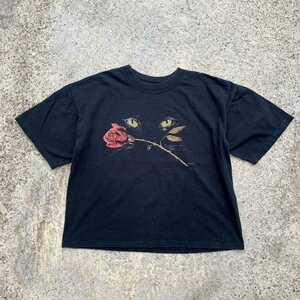 【S】猫×薔薇 アニマルプリントTシャツ ブラック 黒■ビンテージ オールド レトロ アメリカ古着 シングルステッチ キャット