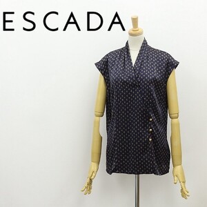 ◆ESCADA エスカーダ シルク100％ 総柄 カシュクール ノースリブ ブラウス トップス 紺 ネイビー×イエロー 42