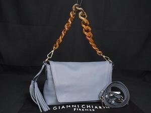 1円 ■極美品■ GIANNI CHIARINI ジャンニキャリーニ レザー 2WAY クロスボディ チェーン ショルダーバッグ ライトブルー系 FJ3317