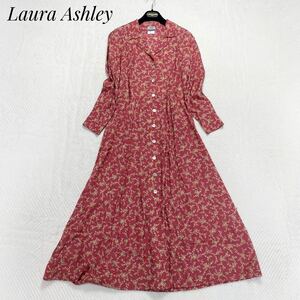 Laura Ashley ローラアシュレイ ロングワンピース 花柄 総柄 13 XLサイズ相当 フレア Aライン マキシ丈 シャツ ゆったり 大きいサイズ 赤