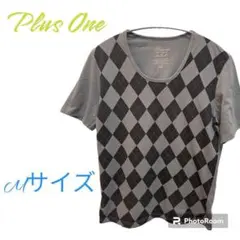 【Mサイズ】Right-on PlusOneメンズグレーTシャツダイヤ柄Uネック