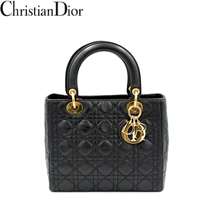 【A02496】Christian Dior クリスチャン・ディオール レディディオール カナージュ レザー ハンドバッグ ゴールド金具 ブラック