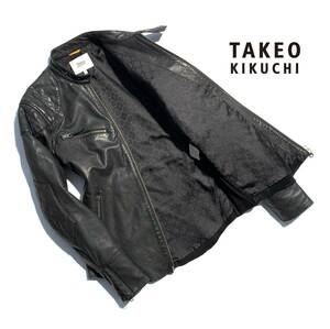 最高級【羊革】TAKEO KIKUCHI タケオキクチ レザー ライダースジャケット 3(L) パデッド 羊革 黒 メンズ 美シルエット ダブルジップ