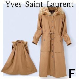 イヴ・サンローラン　ロングコート　タヌキ　ファー　フード　コットン　Aライン　F　 Yves Saint Laurent　レディース　美品　