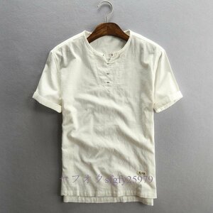 A297C新品人気 リネンＴシャツ おしゃれ 綿麻 トップス シンプル ゆったり 半袖Ｔシャツ メンズ ヘンリーネック カジュアル ＴシャツB