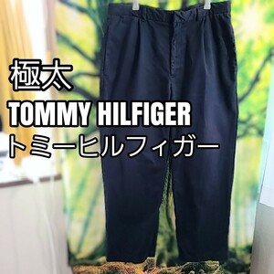 極太 トミーヒルフィガー TOMMY HILFIGER ネイビー 濃紺 ツータックパンク ワイドパンツ 肉厚 コットン 36インチ 刺繍ロゴ パンツ