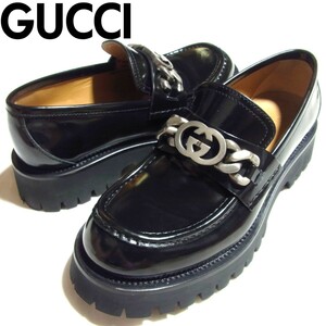 23AW GUCCI グッチ インターロッキングG ラグソール レザー ローファー 7.5 黒 ブラック 752093