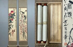 ■観心・時代旧蔵■C8068中国古書画 斉白石 花鳥対屏 掛け軸 立軸 水墨中国画巻物 書画 巻き物 肉筆保証品