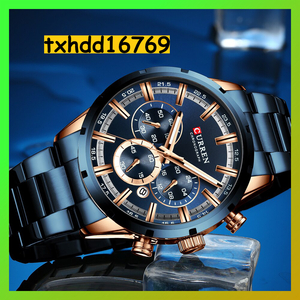 海外人気ブランド CURREN クォーツ腕時計 防水 クロノグラフ ブルー メンズ高品質腕時計 R0006