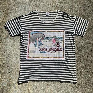 【Free XL】80s バリ製 ハンドメイドTシャツ ビッグサイズ 白黒ボーダー■ビンテージ オールド アメリカ古着 ビーズ アート レディース