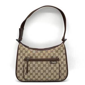 1円 極美品 GUCCI グッチ GGキャンバス レザー ブラウン ワンショルダーバッグ 肩掛け ホーボー 001 4198