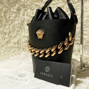 未使用級★現行 VERSACE ヴェルサーチ メデューサ ショルダーバッグ バケツ型 金具 喜平 チェーン 巾着 黒 ブラック レザー レディース