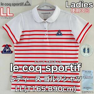 超美品 le coq sportif(ルコック スポルティフ)レディース ゴルフ シャツ LL(T165.B90cm)使用3回 ホワイト レッド (株)デサント 半袖 夏秋