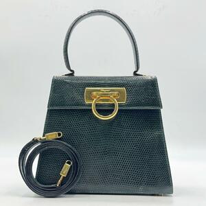 1円【入手困難/極美品】Salvatore Ferragamo フェラガモ リザード ガンチーニ 2way ハンドバッグ ショルダー 自立型 レザー ダークグリーン