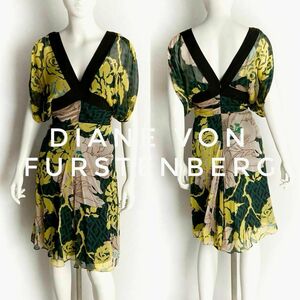 DVF　DIANE von FURSTENBERG　シルク　シフォンフレアワンピース　Vネック　変形スリーブ　花柄　2サイズ　ダイアンフォンファステンバーグ