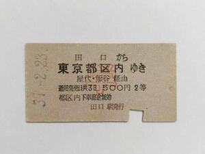 【切符 / 硬券】国鉄　学割乗車券　田口→東京都区内(屋代・熊谷経由)　S37 @68