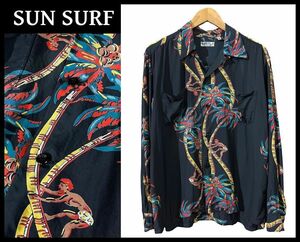 ■ XL サイズ 東洋 SUN SURF サンサーフ SS25304 PALM CLIMBER 50s 復刻 ヤシの木 ビーチボーイ 長袖 レーヨン アロハ シャツ 黒 ブラック