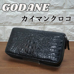 中古良品 ゴダン GODANE ブラックカイマン クロコワニ革 Wジャバラ ラウンドジッパー 長財布 大容量