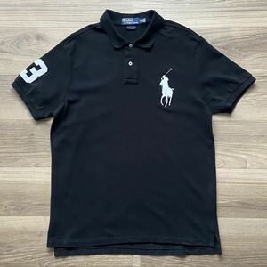 【1円スタート】 POLO RALPH LAUREN ポロ ラルフローレン ビッグポニー 刺繍ロゴ ナンバリング 鹿子 半袖 ポロシャツ 黒 ブラック XLサイズ