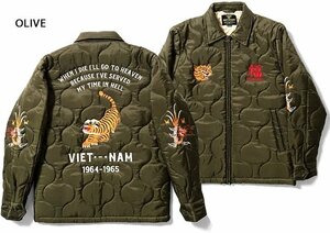 キルティングベトナムジャケット「TIGER」◆HOUSTON オリーブMサイズ 51200 ヒューストン ベトジャン 虎 和柄 和風 ミリタリー 刺繍