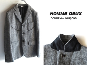 美品 COMME des GARCONS HOMME DEUX コムデギャルソンオムドゥ 2018AW ウールツイード カーブポケット付 3Bテーラードジャケット XS グレー