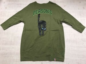 パーソンズ PERSONS キャラクター 黒猫 ドメスティック レトロ 古着 ロング丈 五分袖Tシャツ カットソー トップス レディース M カーキ