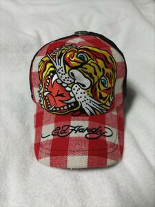 エドハーディ メッシュキャップ 刺繍トラ Ed Hardy used 帽子 赤チェック柄