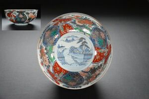 【十三】 古伊万里 金襴手鳳凰花葉人物紋様大鉢 江戸期 31cm 検索用語→D0186染錦赤絵色絵上手