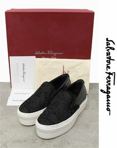 HGS-X175/美品 Salvatore Ferragamo 厚底スニーカー スリッポン シューズ PACAU LACE レース エナメル レザー 5 22.5cm 黒 白 箱付き